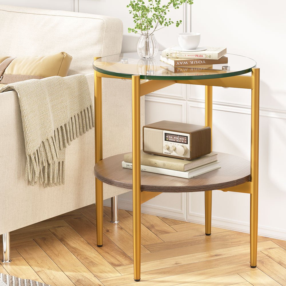 Tempered Glass Coffee / Side Table With Shelf - Gold-0