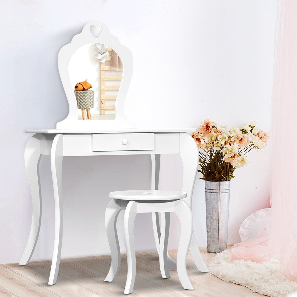 White Kids Vanity Dressing Table Stool Set Mirror Princess Children Makeup-6